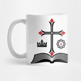 Cross of Jesus Christ, open bible and royal symbols. Mug